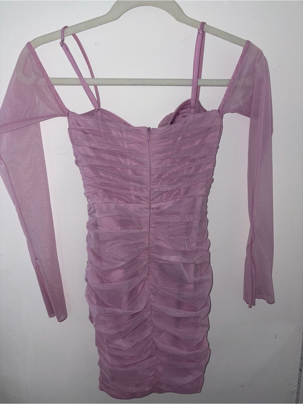 Oh Polly Lilac Mesh Ruched Off-Shoulder Bodycon Dress - Picture 2 of 3